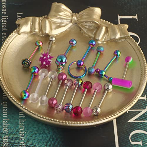14G Surgical Steel Tongue Rings for Women Men Acrylic Clear Tongue Piercing Jewelry Teaser Slave Ring Skull/Flower/Silicone Soft Spike Ball/CZ/Door Knocker/Pill Tongue Barbell Bars 5/8inch - color: 16pcs mix