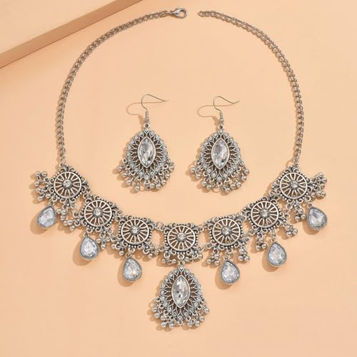 Frodete Indian Jewelry Sets for Women Traditional Bohemian Wedding Jewelry Set Indian Dresses for Women Oxidized Ethnic Party Prom Wear - color: D1: SILVER WHITE