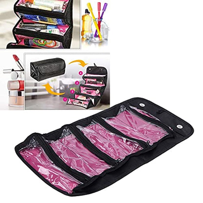 2PCS Roll up Makeup Bag, 4 in 1 Cosmetic Bag Foldable Makeup Bag Clear Makeup Organizer Bag Hanging Toiletry Bag for Women Men (Black) - color: Black