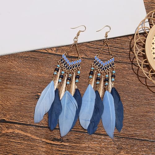Faux Feather Fringe Tassel Long Dangle Earrings for Women | Bohemian Women Tassel Drop Jewelry - color: blue