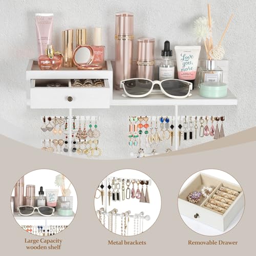 VINAEMO Jewelry Organizer Hanging Wall Mounted Jewelry Holder with Rustic Wood Drawer & Large Capacity Storage Shelf Rack Display for Earrings Rings Necklaces Bracelet(White Iron) - color: White Iron