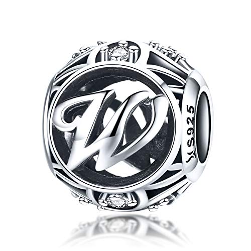 Letter Charms 925 Sterling Silver Initial A-Z Bead Charms | For Bracelets Necklaces, Hypoallergenic,Cubic Zirconia Alphabet Beads, Personalized Gifts for Women - color: W
