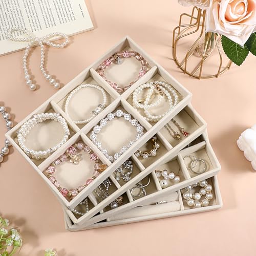 4 Pcs Stackable Jewelry Organizer Trays, 8 x 5 x 1 Inch Velvet Jewelry Trays Beige Jewellery Drawer Inserts Organizer Display Case Storage with Removable Dividers for Earring, Necklace, Rings