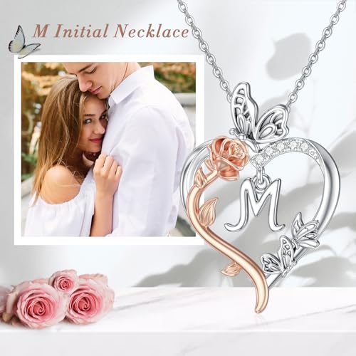 TOUPOP Gifts for Women Her 925 Sterling Silver Rose Heart Initial Necklace Butterfly Heart Jewelry Anniversary Birthday Gifts for Wife Girlfriend Mom - color: Silver