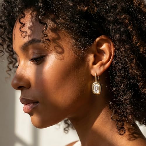 14K Gold & Silver Plated Trendy Bezel Set Cubic Zirconia Drop Earrings Minimalist Teardrop Hook Earrings for Women Diamond Crystal Charm Statement Teardrop Earrings Jewelry Gifts - color: Gold-Rectangular zircon