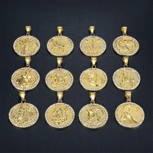 HIJONES Men's Women's Stainless Steel Zodiac Coin Embossed Necklace CZ Astrology Horoscope Pendant Necklace - color: Gold Aries