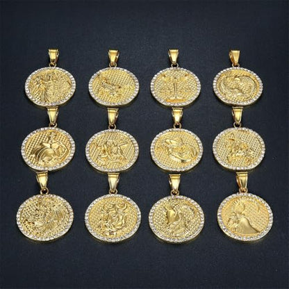 HIJONES Men's Women's Stainless Steel Zodiac Coin Embossed Necklace CZ Astrology Horoscope Pendant Necklace - color: Gold Gemini