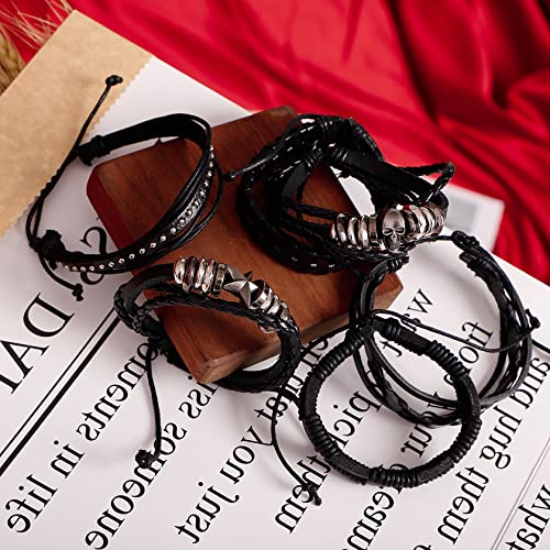 MILAKOO 6Pcs Punk Leather Bracelets for Women Men Braided PU Wristband Skull Skeleton Accessories - color: A: Black