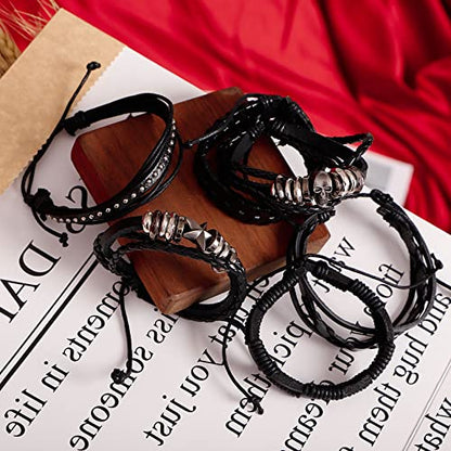 MILAKOO 6Pcs Punk Leather Bracelets for Women Men Braided PU Wristband Skull Skeleton Accessories - color: A: Black
