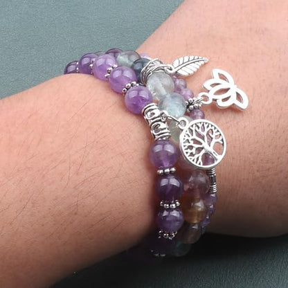 Tree of Life Yoga Healing Stone Bracelets,Multilayer Lotus Chakra Stone Reiki Bracelet Sets,Anxiety Crystal Natural Stone,for Women Stress Relief - style: Amethyst + Fluorite