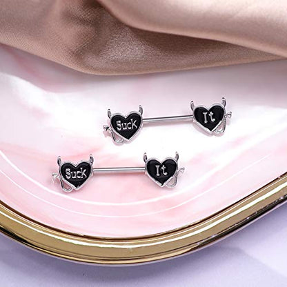Letter Nipple Ring 14G 316L Surgical Steel Nipple Barbell Heart Shape Devil Body Piercing Jewelry for Women Men - color: Silver