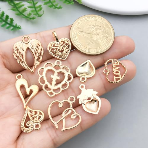 WOCRAFT 60pcs KC Gold Heart Valentine's Day Wedding Charms Bracelet Charms for Jewelry Making Sets DIY Necklace Bracelet Keychain Crafting Charms Kit Craft Supplies (SN920) - color: KC Gold, size: Heart Charms