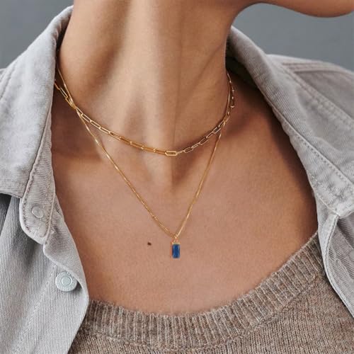 Dainty Gold Charm Necklaces for Women Non Tarnish, 14K Trendy Blue Green Cubic Zirconia Emerald Pendant Birthstone Necklaces Birthday Gifts for Women Waterproof Jewelry - color: 09-September(Sapphire)