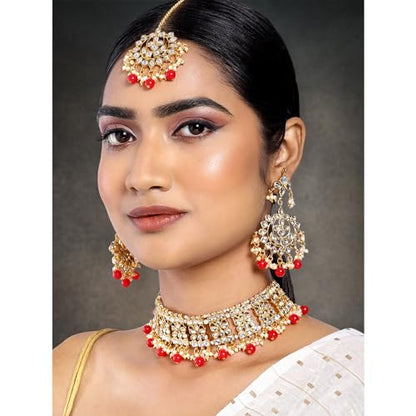 Aheli Elegant Indian Faux Kundan Studded Choker Necklace with Maang Tikka Set Ethnic Wedding Wear Bharatanatyam jewellery set Gift for Women - color: Red