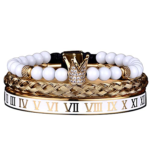 3pcs/set Classical Handmade Braiding Bracelet Hip Hop Men Pave CZ Leopard Head Roman Numeral Bracelet Stainless Steel Jewelry - color: 3pcs Q Gold Crown With Diamond