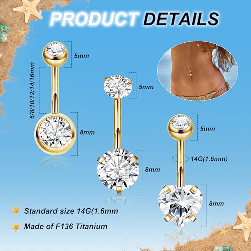 REVOLIA 3Pcs 14G F136 Titanium Belly Button Rings for Women Hypoallergenic Cubic Zirconia Navel Rings Heart Belly Rings Sliver Pretty Belly Piercing Barbells 6-16mm - color: gold