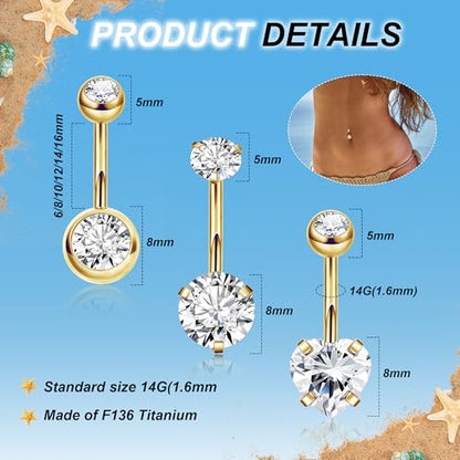 REVOLIA 3Pcs 14G F136 Titanium Belly Button Rings for Women Hypoallergenic Cubic Zirconia Navel Rings Heart Belly Rings Sliver Pretty Belly Piercing Barbells 6-16mm - color: gold
