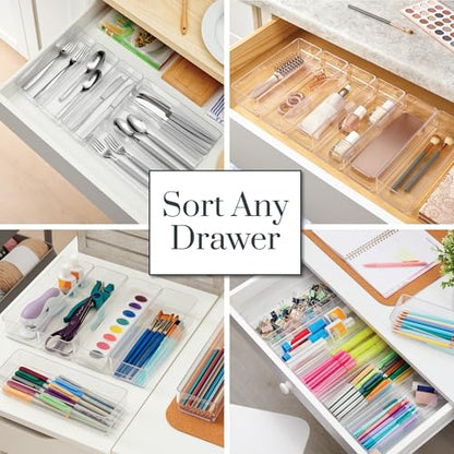 STORi SimpleSort 6-Piece Stackable Clear Drawer Organizer Set | 9" x 3" x 2" Rectangle Trays | Narrow Makeup Vanity Storage Bins and Office Desk Drawer Dividers | Made in USA - size: 9x3x2" (Set of 6)