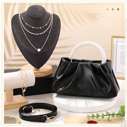 Liliaafar 4 Pcs Evening Clutch Purse with Pearl Jewelry Sets,Clutch Bag Pearl Earrings Necklace Bracelet for Wedding Party - color: Black, style: Leather Ruched