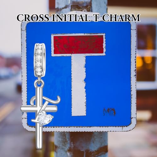 PROESS Initial Cross Charm 925 Sterling Silver Letter A B C Pendant Dangle Charm Beads for Bracelet Initial Cross Jewelry Gifts for Women - style: 20-T