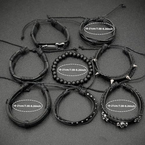 8pcs Punk Rock Style Bracelet Set, Black Multi-layer Leather Wristbands with Guitar Charm, Skull Design, Beaded Braided Cuff for Men, Women, Unisex Bohemian Style