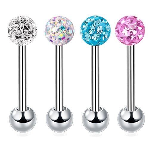 Anti-allergy Surgical Steel Tongue Rings Women Handmade Epoxy Crystal Piercing Barbells 14G 16mm - color: AB+Blue+Pink+White
