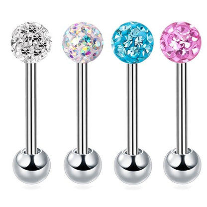 Anti-allergy Surgical Steel Tongue Rings Women Handmade Epoxy Crystal Piercing Barbells 14G 16mm - color: AB+Blue+Pink+White