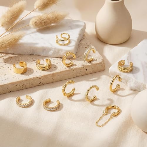 12Pcs Ear Cuffs Non Piercing 14K Gold Plated Ear Cuff Earrings for Women Adjustable Non Pierced Ears Clip on Cartilage Earrings Set Jewelry - color: A1: 12set ear cuff