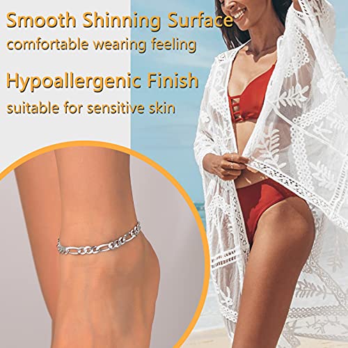 PROSILVER 925 Sterling Silver Ankle Bracelets For Women, Stylish Chain Anklets, Summer Beach Jewelry, 8.6-10.6 Inch Adjustable, Come with Box - style: 03 Figaro Anklet-5mm