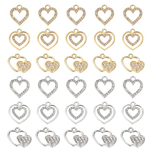 Elecrelive Crystal Heart Charms Rhinestone Heart Pendants Valentine Charms for Necklace Bracelet Earring Wedding Jewelry - color: Gold Silver, 60pcs