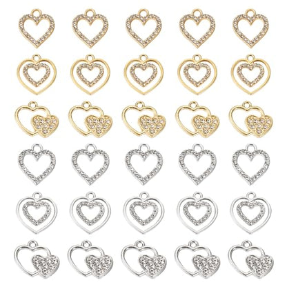 Elecrelive Crystal Heart Charms Rhinestone Heart Pendants Valentine Charms for Necklace Bracelet Earring Wedding Jewelry - color: Gold Silver, 60pcs