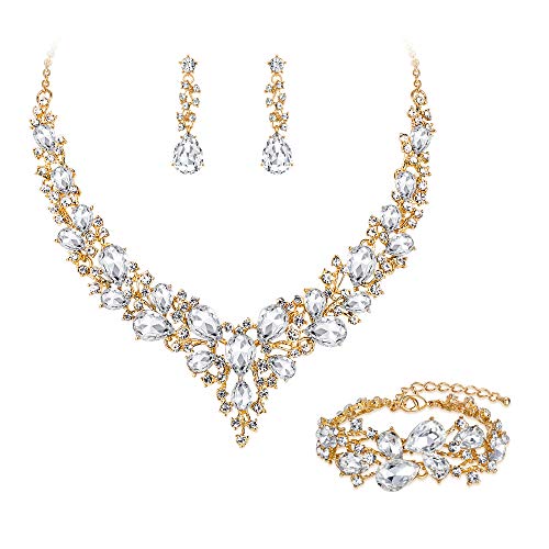 Wedding Bridal Jewelry Set for Women Bride Bridesmaids | Gorgeous Austrian Crystal Teardrop Cluster Statement Necklace Dangle Earrings Link Bracelet Set Prom Jewellery - color: 07-Clear Gold-Plated-Base