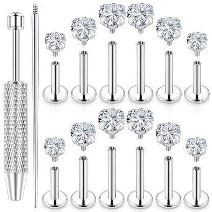 18G 16G 14G Lip Labret Medusa Nose Rings Studs Flat Back Earrings Internally Threaded 316L Surgical Steel Cartilage Tragus Helix Conch Earrings Piercing Jewelry for Women Men 6mm 8mm 10mm - color: 16G - Silver-6/8/10mm Bars-Grabber Tool