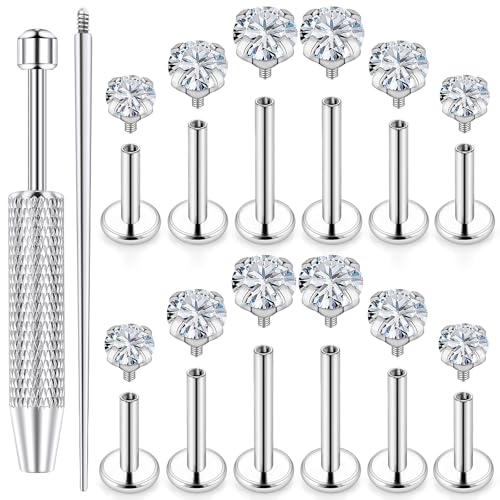 18G 16G 14G Lip Labret Medusa Nose Rings Studs Flat Back Earrings Internally Threaded 316L Surgical Steel Cartilage Tragus Helix Conch Earrings Piercing Jewelry for Women Men 6mm 8mm 10mm - color: 18G - Silver-6/7/8mm Bars-Grabber Tool