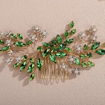 Teyglen Green Crystal Rhinestone Wedding Hair Comb with Pearl Flower Bridal Hair Comb Sparkly Crystal Headpiece for Bride Wedding Hair Comb for Women Flower Hair Piece(Green) - color: Green