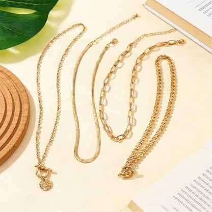 QCWN Gold Layered stacked Necklaces for women 3PS Chunky Statement Necklaces Stack Mixed Metal Charm Necklace for Women Trendy Coin Jewelry Gift for Her Gifts - style: Layered stack6