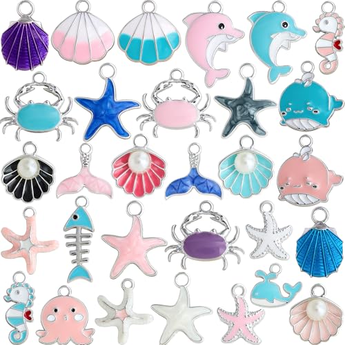 Anjulery 30Pcs Ocean Charms for Jewelry Making and Crafting - Assorted Enamel Charms for Bracelets Necklaces Earrings Keychains Pendants (Silver Ocean) - color: Silver Ocean