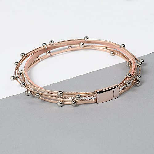 Artilady Leather Wrap Bracelet for Women, Pearl Beaded Bangle Stack Jewelry | Easy on-off, Elegant Handmade Multi-Layered, Daily Casual Date Beach Vacation, Gift for Ladies, Mother, Sister & Friend - style: Rose Gold