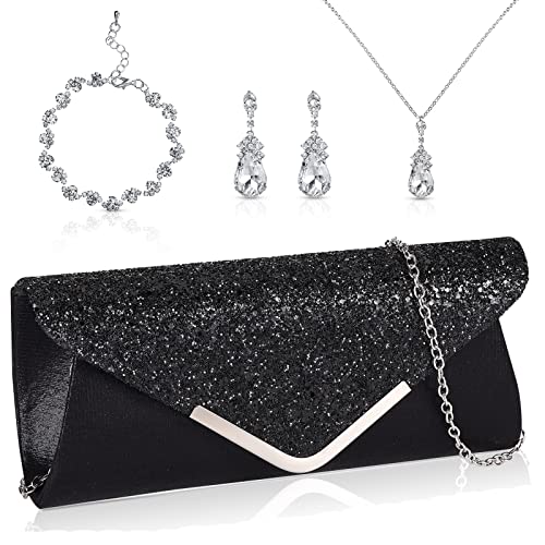 Jadive 4 Pcs Purse Rhinestone Jewelry Set Women Evening Purse