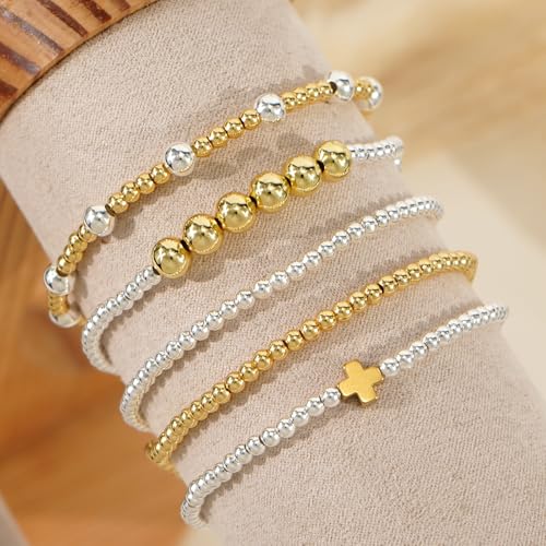 5Pcs Stack Gold Plated Ball Beaded Bracelets Set for Women, Boho Handmade Colorful Glass Pearl Stretch Accessories Jewelry, Summer Beach Daily Wear Holiday Friendship Gift - color: Silver