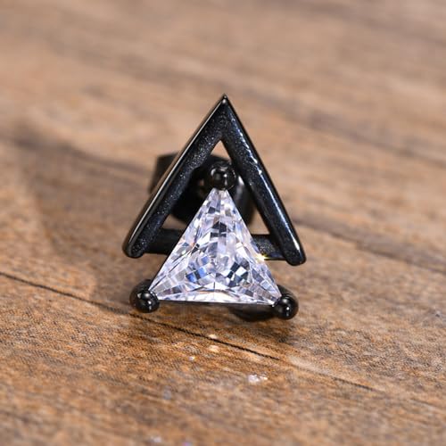 Unisex Geometric Triangle Stud Earrings, Stainless Steel Minimalist Cubic Zirconia Pierced Post Earrings for Men Women - style: Double Layer-Black
