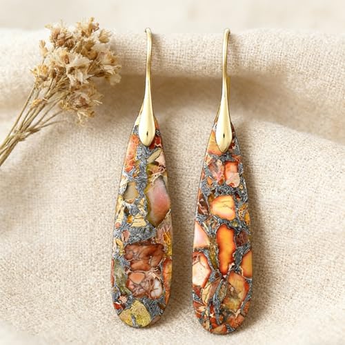 Boho Natural Imperial Jasper Teardrop Dangle Earrings for Women – Hypoallergenic French Hook Stone Drop Earrings Jewelry - color: Orange Golden Hook