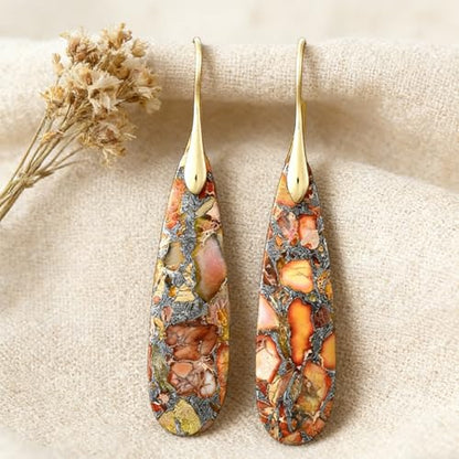 Boho Natural Imperial Jasper Teardrop Dangle Earrings for Women – Hypoallergenic French Hook Stone Drop Earrings Jewelry - color: Orange Golden Hook