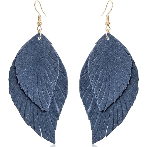 Handmade Bohemian Large Soft Genuine Leather Fringe Double Feather Dangle Drop Earrings Lightweight Simple Color PU Leaf Hook Earrings for Women - color: Navy