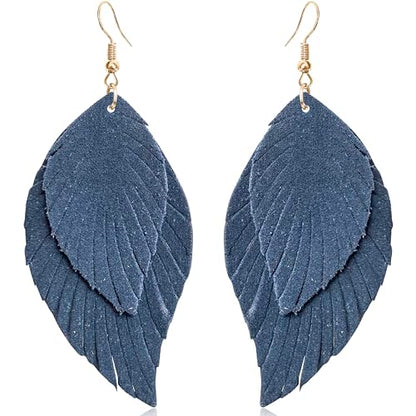 Handmade Bohemian Large Soft Genuine Leather Fringe Double Feather Dangle Drop Earrings Lightweight Simple Color PU Leaf Hook Earrings for Women - color: Navy