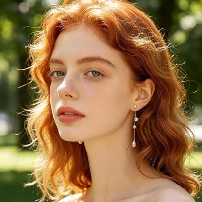 Long Chain Pearl Dangle Earrings for Women | 4Pcs Pearls, 14K Gold Plated, Dainty Tassel Drop, Lightweight Pearl Dangly Earring, Wedding Jewelry Gifts - color: Gold-Teardrop