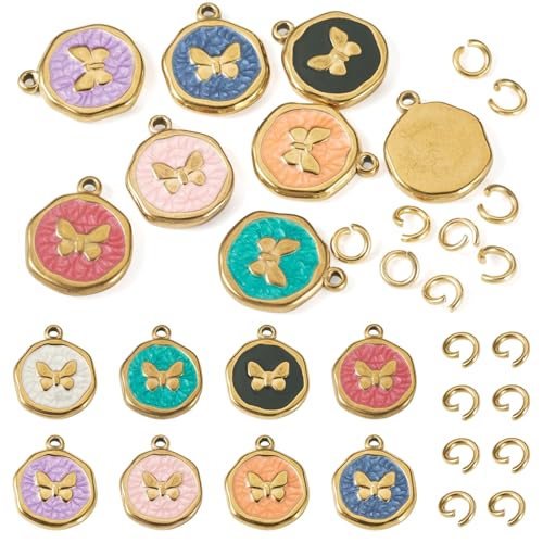 8Pcs Cute Butterfly Enamel Charms Stainless Steel Pendant Mixed Color Flat Round with Butterfly Dangle Charm Golden for DIY Necklace Earring Keychain Jewelry Making - color: Butterfly