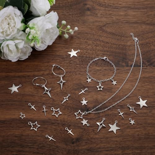 100PCS Silver Tibetan Star Charms,Metal Hollow Pentagram Pendants Tibetan Star Pendant Hollow Celestial Stars Charms Tibetans Style Alloy Pendants for Necklace Earring Bracelet Craft Jewelry Making