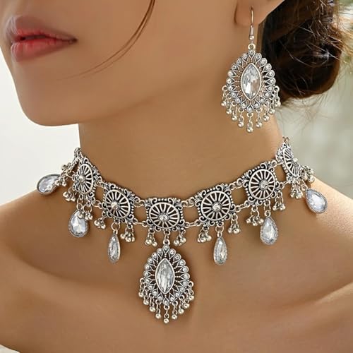 Frodete Indian Jewelry Sets for Women Traditional Bohemian Wedding Jewelry Set Indian Dresses for Women Oxidized Ethnic Party Prom Wear - color: D1: SILVER WHITE
