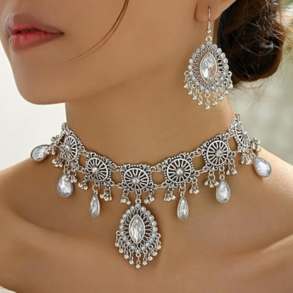 Frodete Indian Jewelry Sets for Women Traditional Bohemian Wedding Jewelry Set Indian Dresses for Women Oxidized Ethnic Party Prom Wear - color: D1: SILVER WHITE